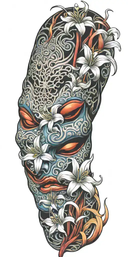 Japanese Oni Mask Featuring Spider Lillies