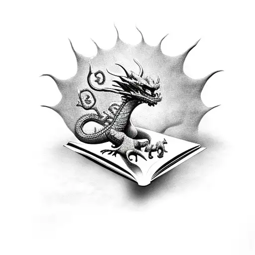 Dragon Coming Out Of Book Sorounded By Thorns And Mushrooms