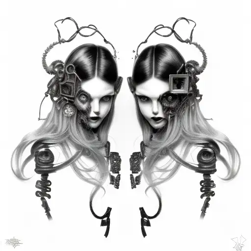 Goth Cyborg Gemini Sisters Hair Tangled Together Mischievous Girly Smile Wide Composition
