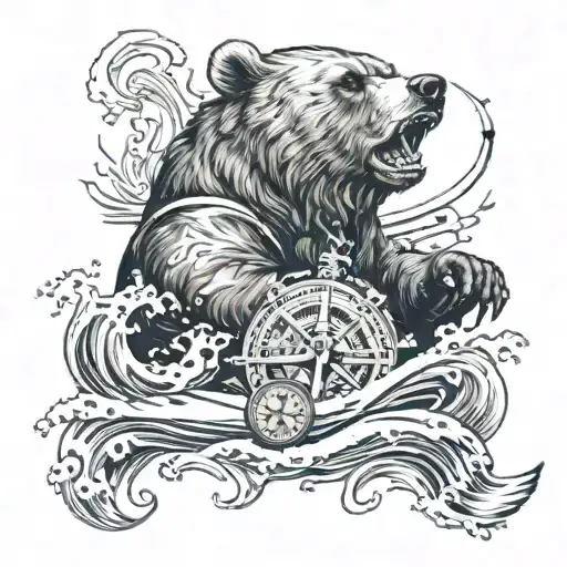 Bear Roaring And Clawing With Waves Crashing And With Compass And Anchor As A Chest Peice