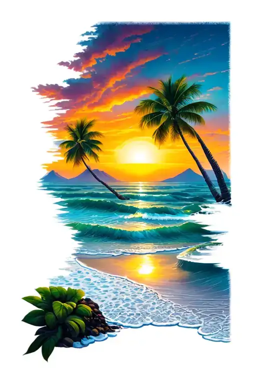 Beach Sunset Leading To Mountains