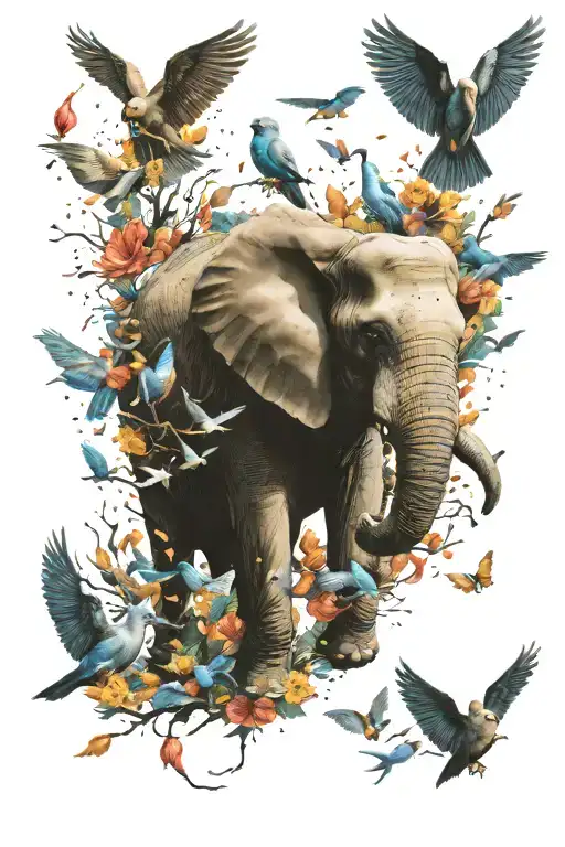 Elephant Surrounded By Birds Flying