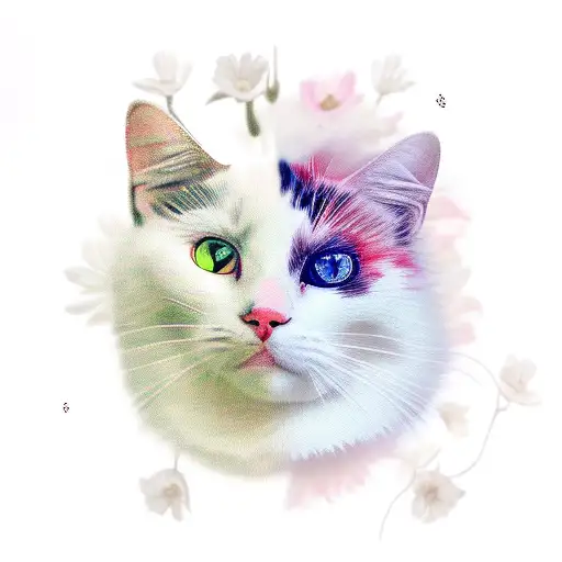 White Calico Cat With Flowers