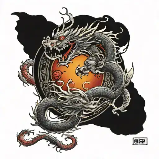 Two Chinese Dragons Around An Red Sun
