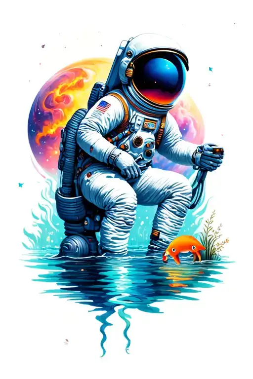 Man Camping Galaxy And Aquatic Life With Astronaut