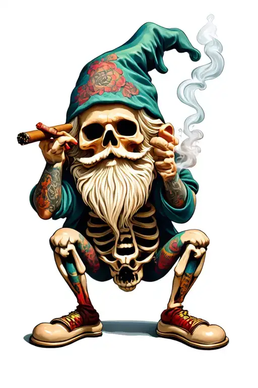Gnome With Tattos And A Cigar Smoking Skeleton Man