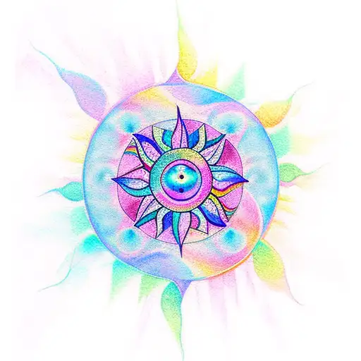 A Dreamy And Symmetrical Tattoo Of A Sun Catcher Cascading Watercolor Rainbows Of Light
