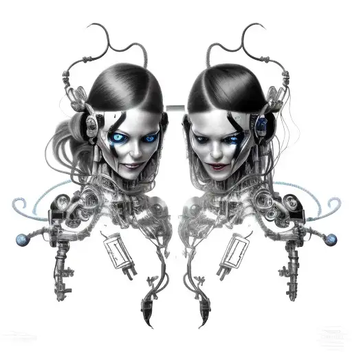 Cyborg Gemini Sisters Hair Tangled Together Conjoined Mischievous Smile Wide Composition