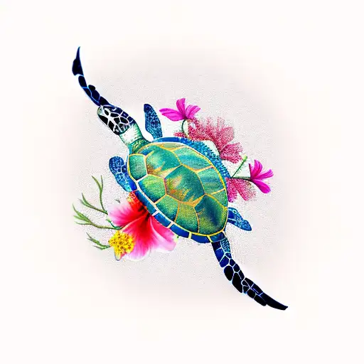 Sea Turtle With Hibiscus Flower