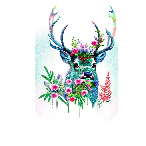 A Majestic Stag Standing In A Lush Forest Surrounded By Vibrant Plants And Flowers