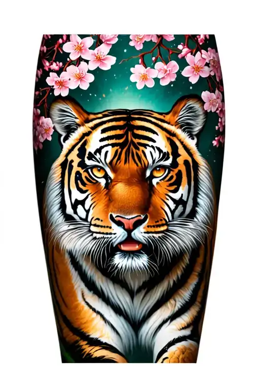 Leg Sleeve With Tiger On Front Middle Thigh And Japanese Cherry Blossoms Surrounding The Tiger