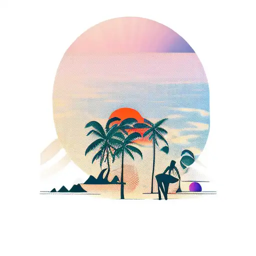 A Silhouette Of An Anthropologist Surrounded By Tropical Plants And A Sunset Beach Scene