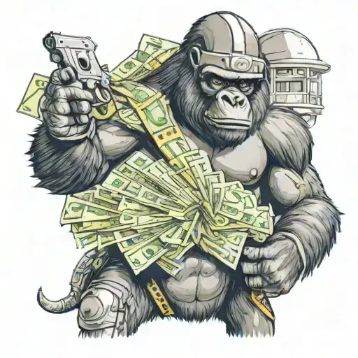 A Gorilla Wearing A Football Helmet Holding A Stack Of Money And A Gun