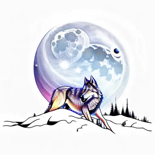 Wolf With Water Reflection And Forest And Moon In Background