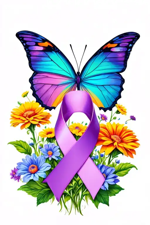 Butterfly With Thyroid Cancer Ribbon And Flowers Growing