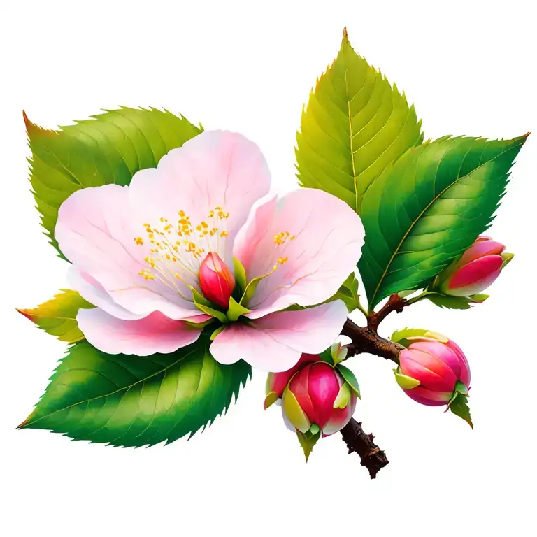 Apple Blossom And Buds With Two Leaves On The One Side Like The Flowers Are Being Held By A Branch