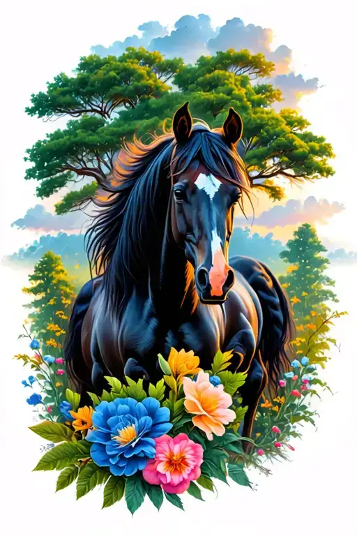 Horse And Trees Nature Flowers