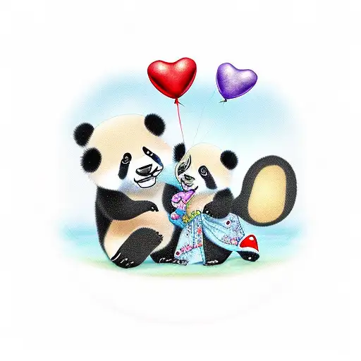 Baby And Mom Panda With Heart Shspe Balloon