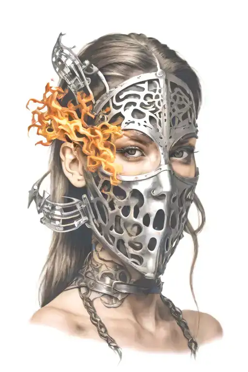 Woman With Long Hair Made Of Fire Trapped In Full Face Iron Mask