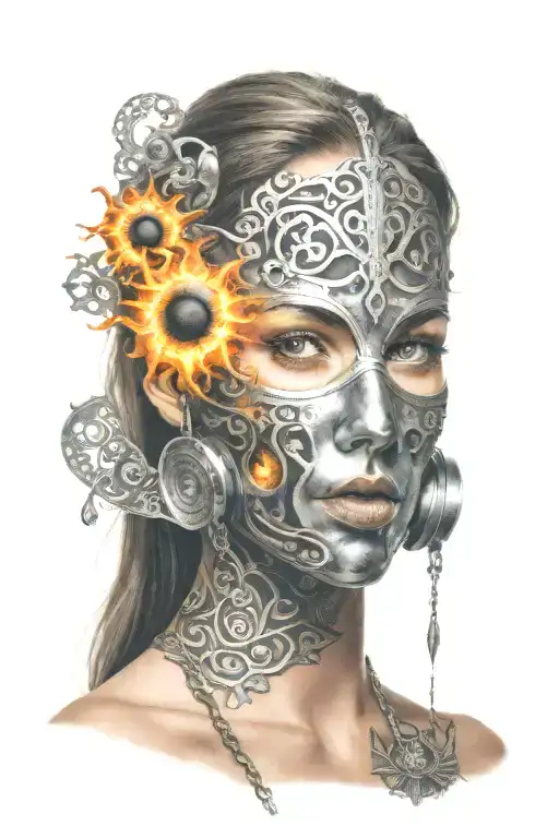 Scared Woman With Full Face Iron Mask Has Sun And Fire Designs