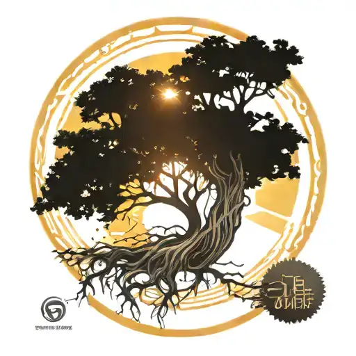 Tree Of Life In Full Colour With A Sun In The Background And Full Roots