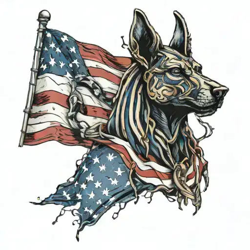 Anubis Draped In The American Flag Weeping Over A Broken Golden Heart