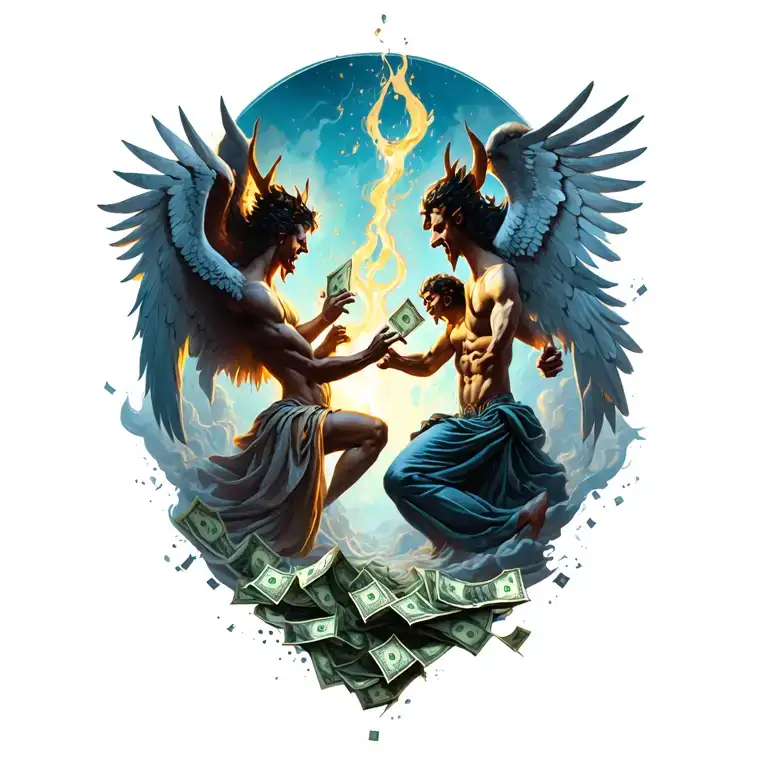 About Angels And Demons Fighting For Money Pouring