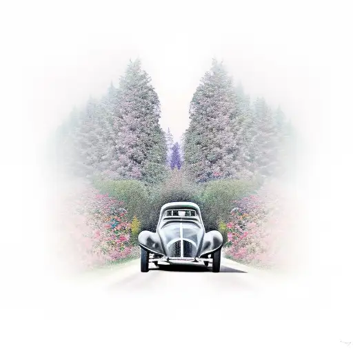 A Vintage Car Driving Through A Field Of Ancient Statues