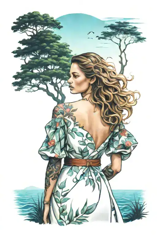 Woman In Dress And Sea Forest Sky