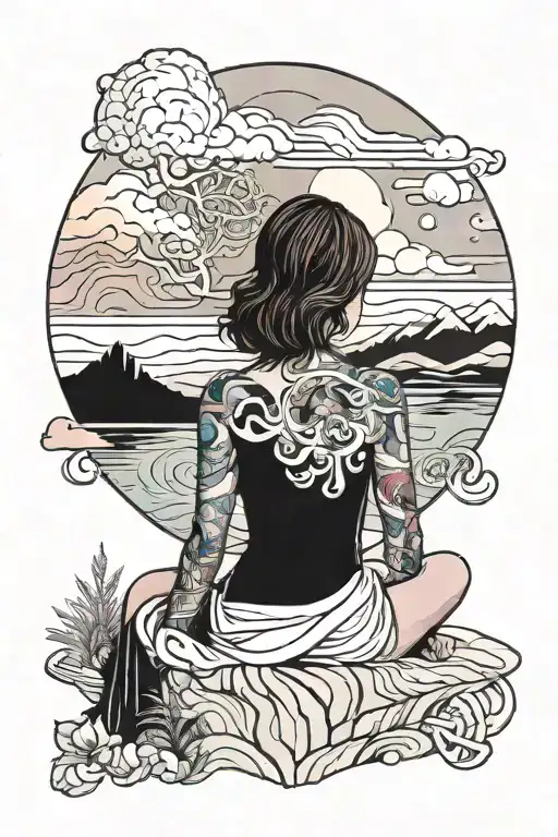 A Female Figure Sitting In Front Of Colorful Landscape