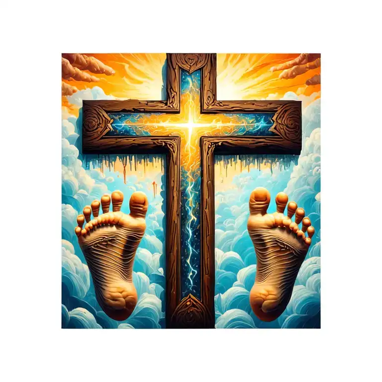 Cross With 7 Sets Of Childrens Footprints