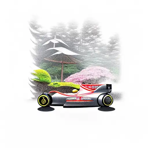 A Wooden Formula One Car Racing Through A Japanese Garden
