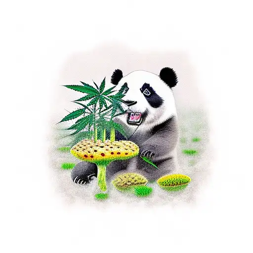 A Panda Sitting In Marijuana Field And Biting Mashroom