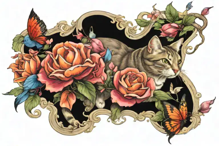 Cat Catching Doves From Blooming Flowers