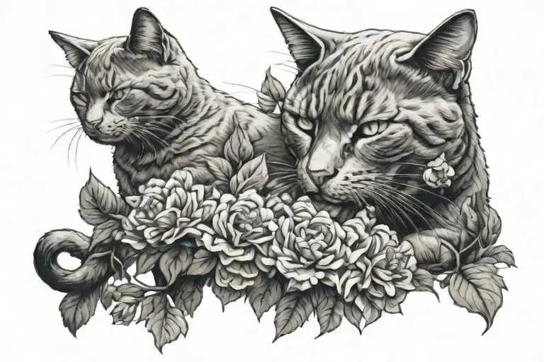 Cat Pawing At Doves From Flower Blooming