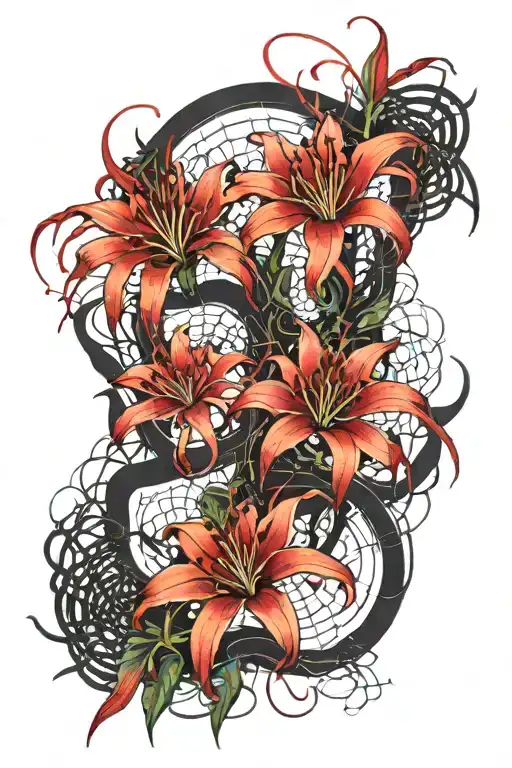 Red Spider Lilies With Webs And Spiders For A Thigh Piece