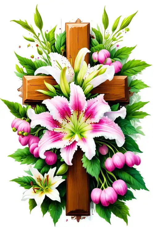 Lilly If The Valley And Hawthorn Flowers On A Cross