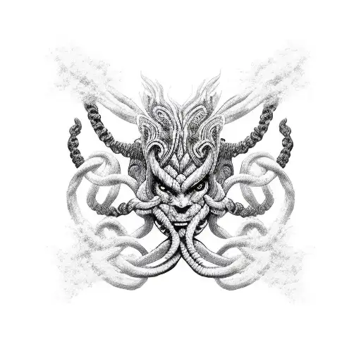 A Black And Grey Nordic Knotwork Sleeve Featuring Mythical Norse Creatures