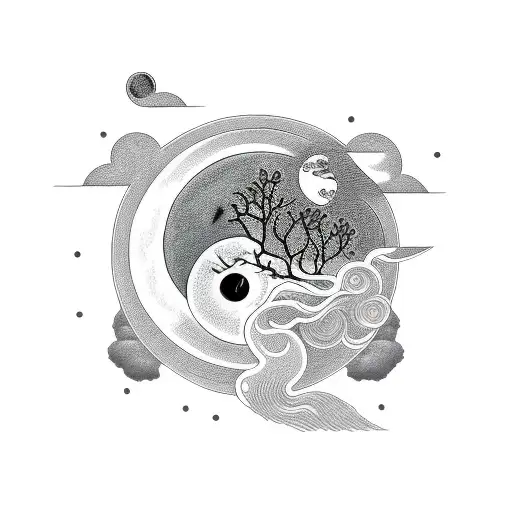 Black Full Moon With Nature Symbols Encircling It