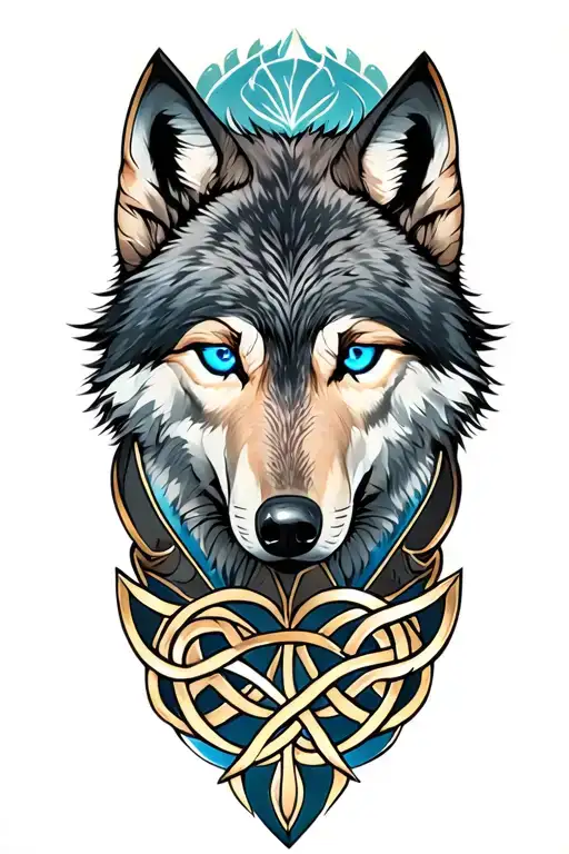 Wolf With Blue Eyes On Armor Tattoo Design Featuring Celtic Trinity Knot