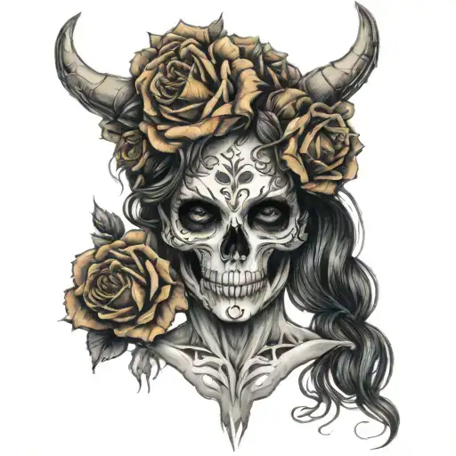 Skull With Roses And Demon Girl Face