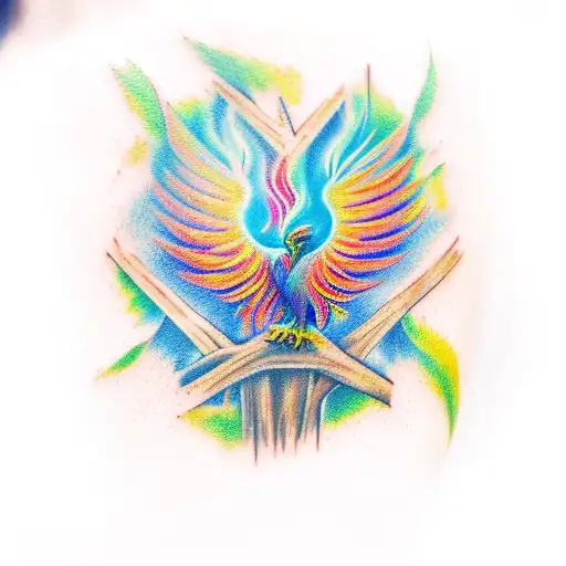 A Tattoo Of A Phoenix Surrounded By A Vibrant Forest