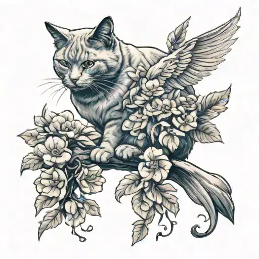 Cat Catching Doves From Blooming Flowers