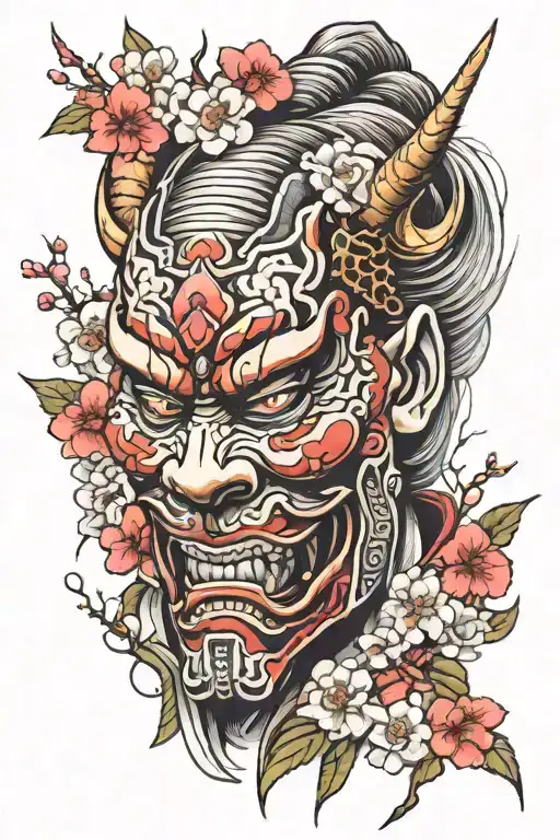 Oni Mask Samurai Geisha With Sakura Blossom
