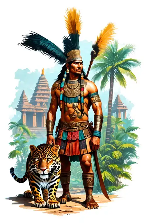 Inca Warrior With A Temple In The Jungle Background With A Jaguar By His Side