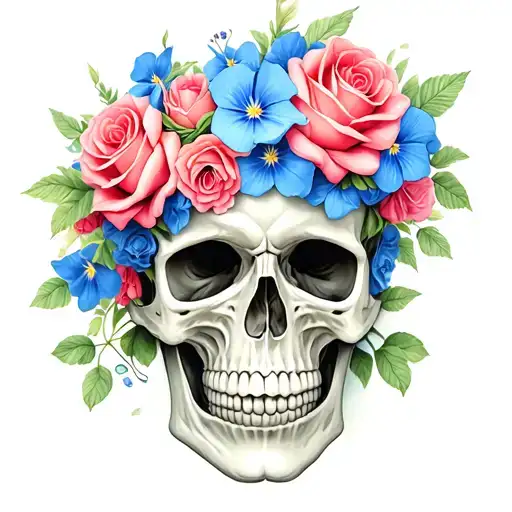 Skull Wearing Flower Crown With Roses And Morning Glories