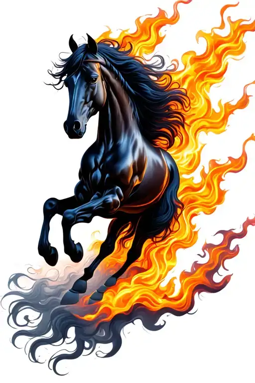 Friesian Horse And Fire Flames