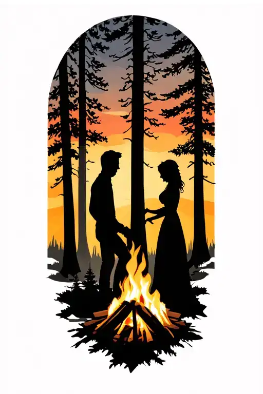 Campfire In The Forest With Silhouette Of Husband And Wife