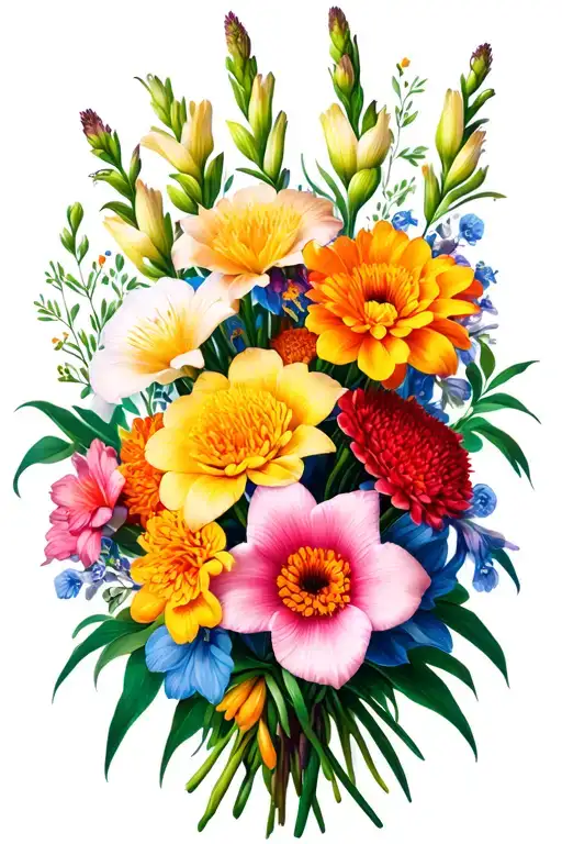 Gladiolus And Chrysanthemum And Marigold Bouquet Wrapped