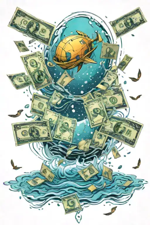 A Cosmic Ocean Scene With Money Floating In The Water And Music Notes In The Sky